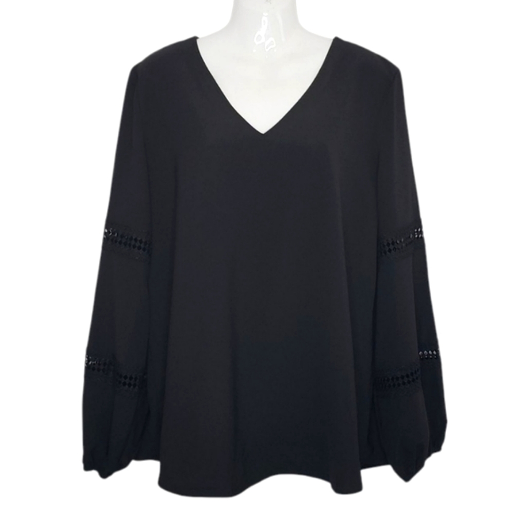 Black V-Neck  Peasant Top Women's XL Black Crochet Inserts Peasant Boho